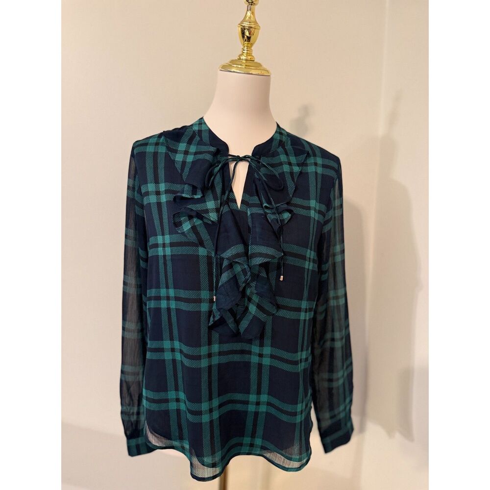 Tommy Hilfiger Women’s M Navy Teal Plaid Ruffle Tie Neck Sheer Blouse